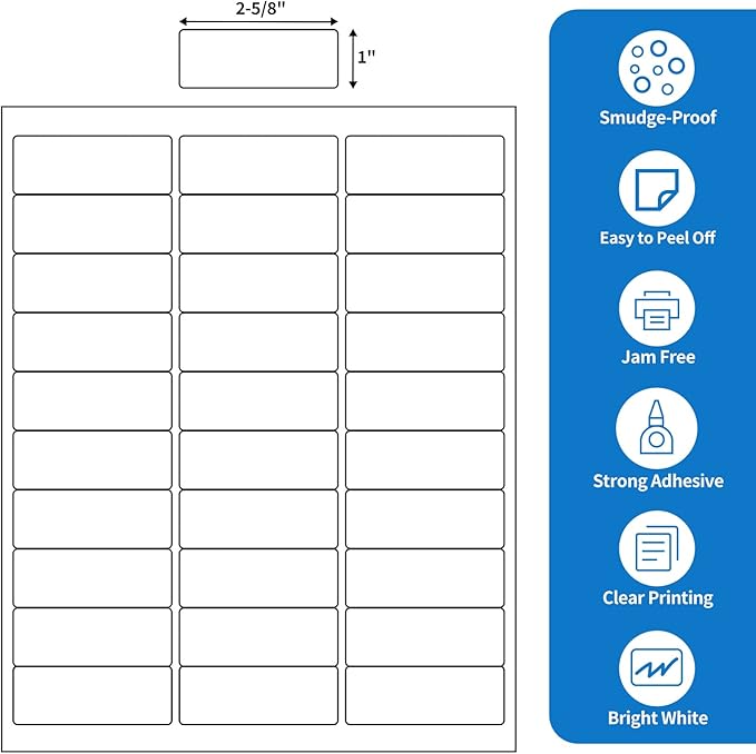 BESTEASY 30-up 2000 Sheets 1" X 2-5/8" Address Shipping Labels for Laser and Inkjet Printers, FBA Product Labels (60000 Labels)