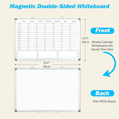White Board Dry Erase Calendar for Wall, Magnetic Weekly Schedule-Board with Hourly Time Slots for Home, Office,Work, School, Hanging Double-Sided Whiteboard with Marker Tray, 36" × 24"