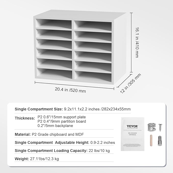VEVOR Literature Organizers, 12 Compartments Office Mailbox with Adjustable Shelves, Wood Literature Sorter 20.4x12x16.1 inches for Office, Home, Classroom, Mailrooms Organization, EPA Certified White