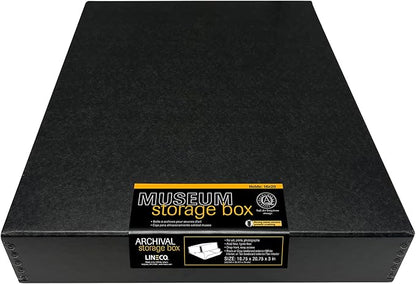 Lineco Museum Archival Storage Box, 16.75x20.75x3 in. Drop Front Design. Acid-Free with Metal Edge. Organize Photos, Pictures, Prints, Documents, Crafts, DIY. Black, 1 Pack