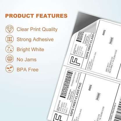 2000 Half Sheet Self Adhesive Shipping Labels for Laser Inkjet Pinters, 8.5 x 5.5 inches (1000 Sheets, 2000 Labels)