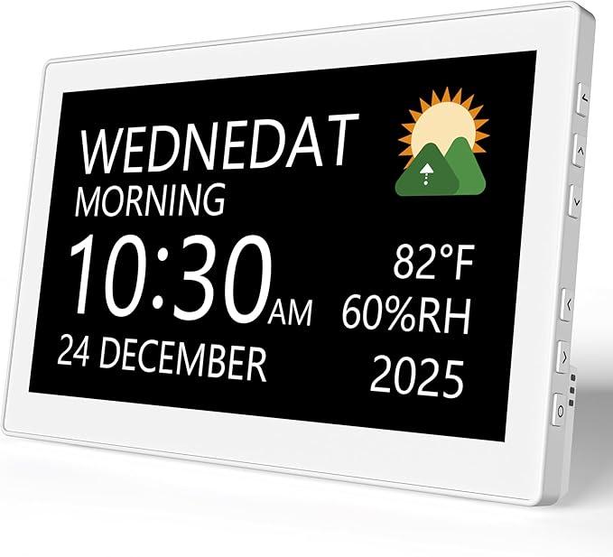 Raynic Digital Clock,10.1 Inch Large Display Calendar Clock with 12 Themes, 20 Alarms, 20 Reminders, Auto Dimming, 12/24 Hours for Seniors, Desk (White, 10.1 Inches)