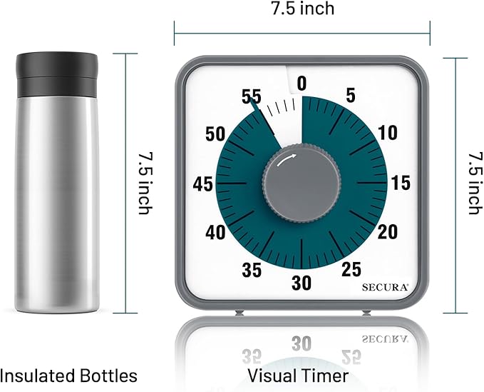 Secura 7.5 Inch Visual Timer, 60 Minute Visual Oversize Countdown Timer for Kids and Adults, Durable Mechanical Time Management Tool (Dark Green)
