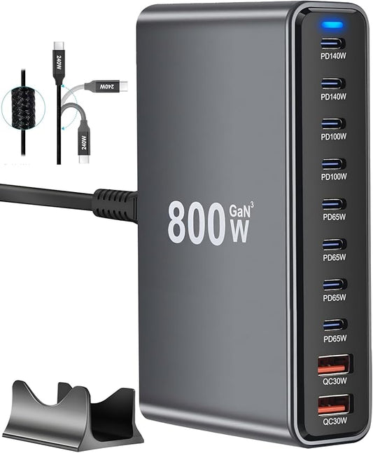 800W USB C Fast Charger Block, 10 Port USB Charging Station, GaN Ⅲ Pro Dual 140W PD PPS Port for Multiple Devices,Laptop Wall Charger Compatible with DELL, HP, MacBook Pro,iPhone 16,Galaxy S24