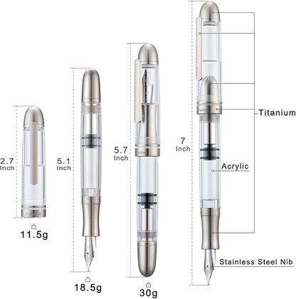 Asvine P36 Titanium Fountain Pen Piston Filling, Iridium Medium Nib Clear Transparent Acrylic Smooth Writing Pen Case Set