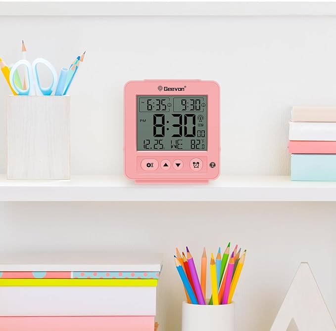 Geevon Small Digital Atomic Alarm Clock for Bedroom, Travel Table Clock with Auto/8s Backlight, 2 Alarm, Temperature, Desk Clock Battery Operated for Deep Sleepers Kids Elderly Home Office, Pink