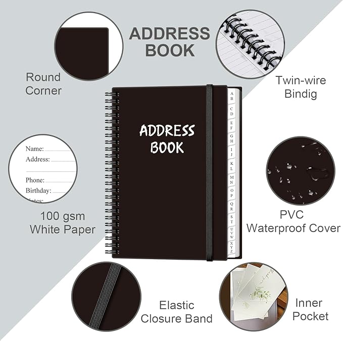 Address Book with Alphabetical Tabs - A5 Telephone & Address Book with Address Contacts, Special Date, Phone, Birthday & Internet Login Password for Home and Office, 6.2" x 8.5", Black