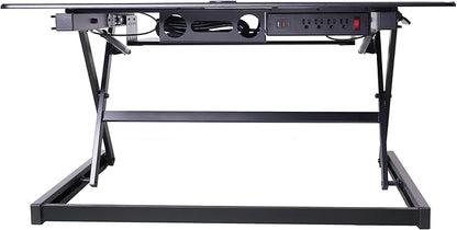 Rocelco 40" Height Adjustable Standing Desk Converter with AC Outlet USB Charger and Dual Monitor Arm Mount - Sit Stand Up Tabletop Riser - Sliding Keyboard Tray - Black (R DADRB-40-ACUSB-MA2)