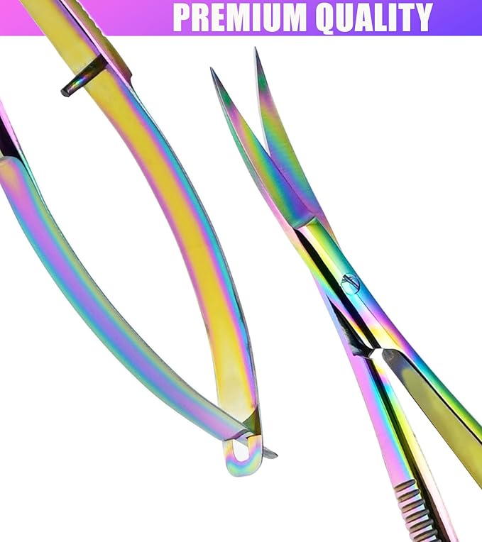 Cross Edge Curved Spring Scissors 5 Inch Stainless Steel Precision Eyebrow & Eyelash Shaping & Trimming Scissor, Snips Squeeze, Embroidery, Knitting Micro Tip Craft Scissors (Rainbow)