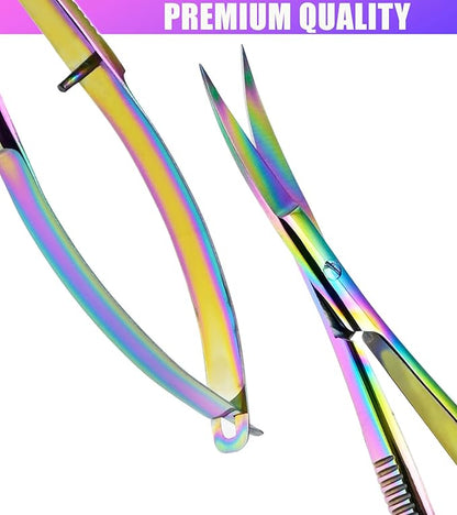Cross Edge Curved Spring Scissors 5 Inch Stainless Steel Precision Eyebrow & Eyelash Shaping & Trimming Scissor, Snips Squeeze, Embroidery, Knitting Micro Tip Craft Scissors (Rainbow)