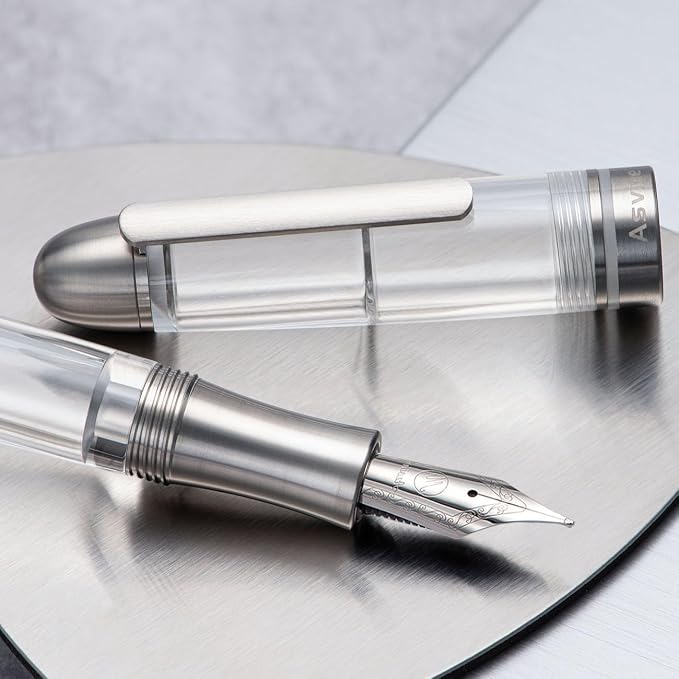 Asvine P36 Titanium Fountain Pen Piston Filling, Iridium Medium Nib Clear Transparent Acrylic Smooth Writing Pen Case Set