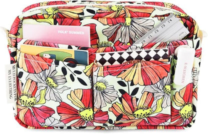 E-WEICHEN Multiple Pockets Portfolio Organizer with Zippered, Makeup Bag Travel Essentials for Women, Simple Waterproof Stationery Pencil Pouch Bag for Journal Office Art Supplies.Red Ink Flower