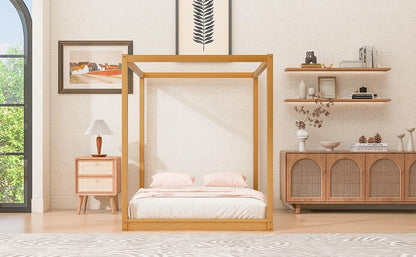 GDFStudio Queen Size Canopy Platform Bed with Support Legs, Solid Pine Wood and MDF Frame, Slat Support No Box Spring Needed, Modern Canopy Bed Frame, Natural