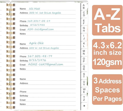 Address Book with Alphabetical Tabs - Small Address Book Spiral with Address Contacts, Special Date, Phone, Birthday & Internet Login Password for Home and Office, 4.3" x 6.2", Rose Leaf
