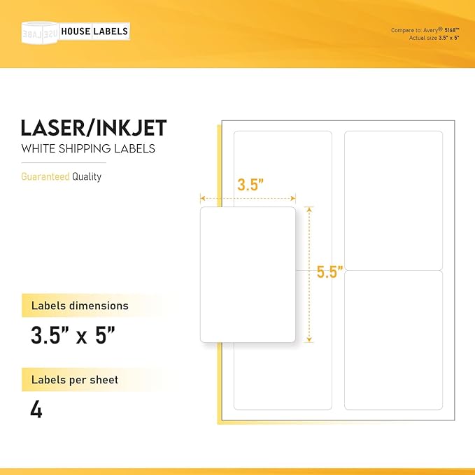 HOUSELABELS 4-up Shipping Labels (3-1/2" x 5") for Laser and Inkjet Printers, 50 Sheets