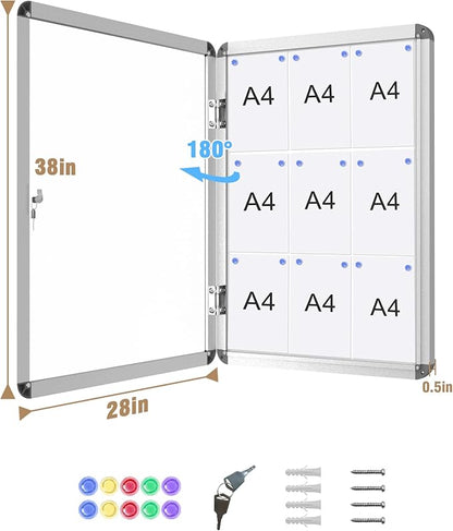 Mifuro 38"x28" Enclosed Bulletin Board, Lockable Weather-Resistant Aluminum Noticeboard for School & Office, Silver Frame w/Magentic Whiteboard