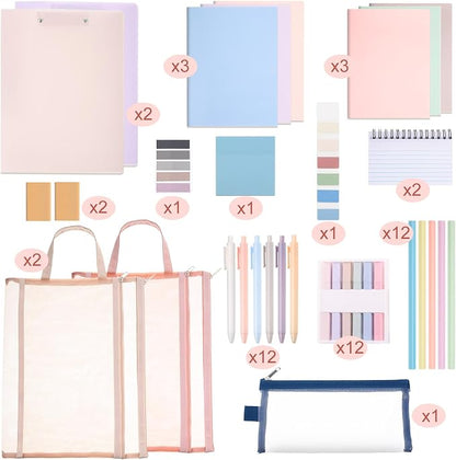 Colarr 54 Pcs Aesthetic College School Supplies Back to School Set,Macaron | 3 A5 + 3 B5 Lined Notebook, 12 Gel Pen, 12 Pencil, 12 Highlighter, Sticky Tabs, Folder Storage Bag, Journal Stationery Set