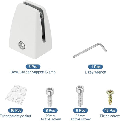 PATIKIL 1.7x1.3x2.4" Desk Divider Support Clamp, 8 Pcs Aluminum Desk Shield Clamp Desk Divider Partition Clamp Sneeze Guard Clamp Bracket for Office Home Desk Panel, White