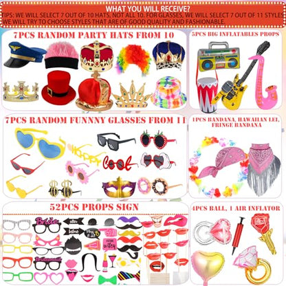 Bulk Opulent Photo Booth Props Set for Adult, Novelty Funny Hats and Glasses, Colorful Wig, Inflatable, Phtot Booth Props Kit for Graduation, Wedding, Birthday, Bachelorette and All Occasions