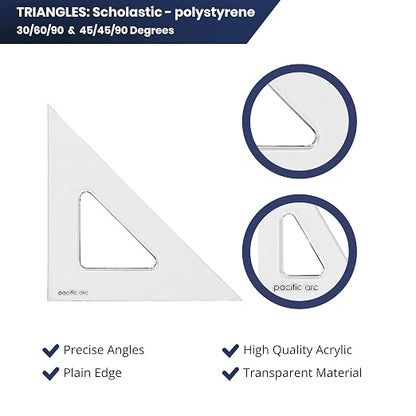 Pacific Arc's Scholastic Triangle - 6 inch - Clear - 30/60 Angle - Plain Edge - Polystyrene - Technical Drawing Tools, Drafting, Architect and Engineering