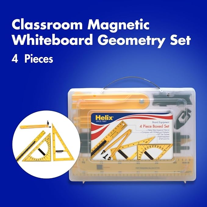 Helix - Magnetic Classroom Whiteboard Geometry 4 Piece Set - Compass - 2 Triangles - Ruler - Protractor