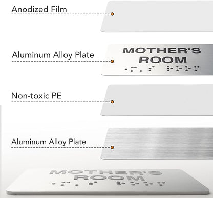 Mothers's Room Signs for Business and Office Sign, ADA Signs with Raised Text & Grade 2 Braille, Easy Installation with Adhesive Pad – Brushed Aluminum/Silver