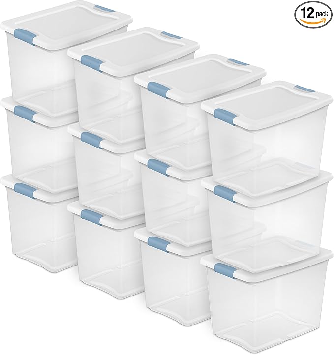 Sterilite 12-Pack Latching Box, Under Bed Storage Bins with Lids, Clear Plastic, 25 Quart - Heavy-Duty Organizing Containers for Closet, Bathroom, and Office