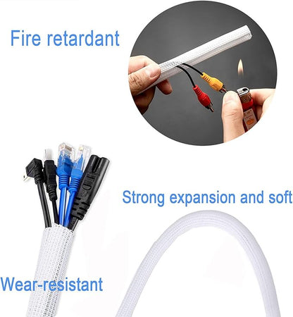 QCSIW 1/2" x 10ft Black/White Cable Sleeve - Protects Cords from Pets & Organizes Wires - Modern Style - Polyester Material - Flame Retardant - Easy to Use & Cut(White, 1/2"-10ft)