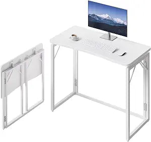 31.5" White Folding Desk, No Assembly, Wooden Top, Small Size