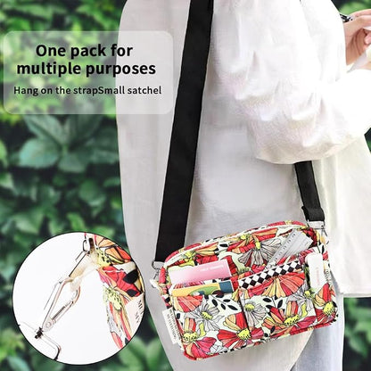 E-WEICHEN Multiple Pockets Portfolio Organizer with Zippered, Makeup Bag Travel Essentials for Women, Simple Waterproof Stationery Pencil Pouch Bag for Journal Office Art Supplies.Red Ink Flower