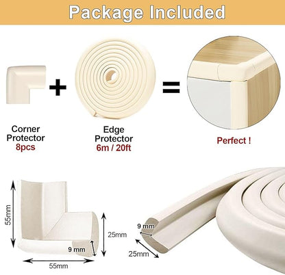 Baby Proof Corners and Edges Protector 20ft Edge+8 Corner Guard, Fireplace Baby Proofing Bumper, Heavy-Duty Soft NBR Foam Edge Corner Protector for Furniture Table, Childsafe/Pre-Taped White