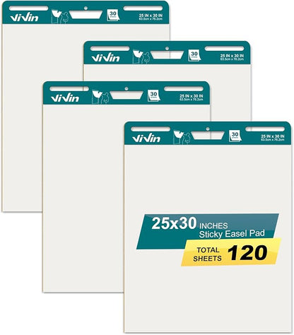 ViVin Super Sticky Easel Pad, 25 x 30 Inches Flip Chart Paper for Teachers, Large Self Stick Easel Paper, Teacher Anchor Chart, 30 Sheets/Pad, 4 Pads/Pack