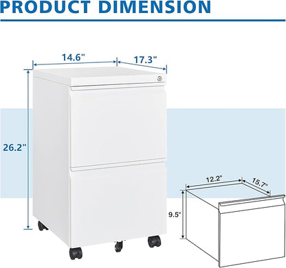 BYNSOE 2 Drawers File Cabinet with Lock Metal Vertical File Cabient with Wheels Mobile File Cabinet for Office Home Legal/Letter/a4 Size Require Assembly (White, 2 Drawers)