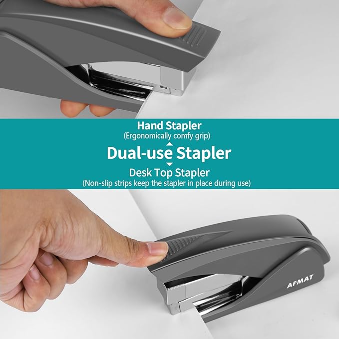 AFMAT Effortless Stapler for Desk, 50 Sheet Desktop Stapler, Ergonomic Office Staplers, One Finger Touch Stapling, Built-in Remover, Portable & Space Save Size, Good for Home & Office ES10(Gray)