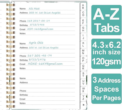 Address Book with Alphabetical Tabs - Small Address Book Spiral with Address Contacts, Special Date, Phone, Birthday & Internet Login Password for Home and Office, 4.3" x 6.2", Teal Flowers