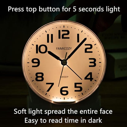 FAMICOZY 4.5" No Ticking Analog Alarm Clock,Silent Readable for Seniors,Easy to Set,Gradual Rise Alarm,Big Numbers,On/Off Switch on Side,Gentle Wake,Snooze Soft Backlight,Battery Operated,White