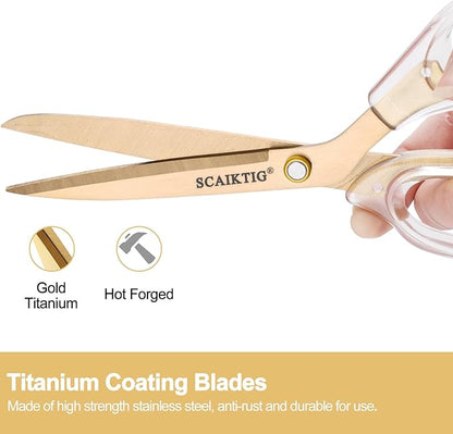 SCAIKTIG Acrylic Scissors Set, Office Scissors for Desk Gold, Clear Comfort-Grip Handles and Titanium Coated Blades, Sharp Scissors all Purpose Heavy Duty for Sewing, Art, Craft, School, Home Supplies