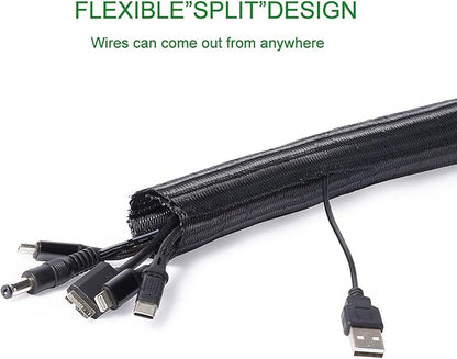 QCSIW 1/2"-10ft*2pcs Black/White Cable Sleeve - Protects Cords from Pets & Organizes Wires - Modern Style - Polyester Material - Flame Retardant - Easy to Use & Cut (Black, 10ft-1/2inch)