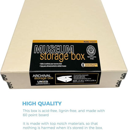 Lineco Museum Archival Storage Box, 11.75x17.75x3.75 in. Drop Front Design. Acid-Free with Metal Edge. Organize Photos, Pictures, Prints, Documents, Crafts, DIY. Tan, 1 Pack