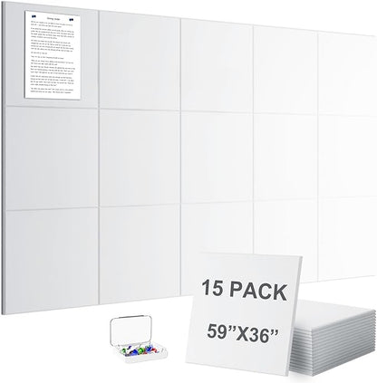 G Gamit Large Felt Wall Tiles Bulletin Board 59”x36”,Large Cork Board Alternative with 60 Pushpins,15 Pack Felt Pin Board with 112 Safe Removable Adhesive Tabs for Home Office School (White)
