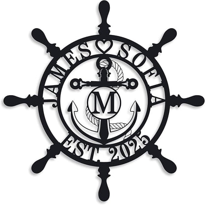 Personalized Ship Wheel Metal Sign, Customized Nautical Wall Decor, Anchor Compass Metal Sign, Family Name Sign, Monogram Wall Decor, Last Name Signs for Home, Housewarming Gift