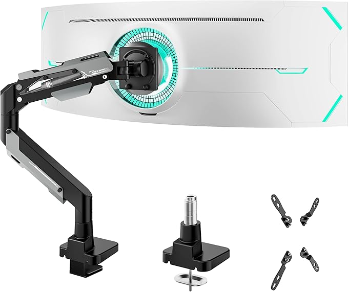 ARES WING Heavy Duty Single Monitor Arm - Gas Spring Aluminum Monitor Mount for 24"-57" Ultrawide Screens up to 66 lbs with Clamp/Grommet Desk Mount, 75/100/200 Vesa Mount, Black