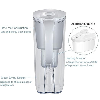 Water Filter Pitchers for Drinking Water with Activated Carbon Filter,10 Cup 150 Gallon Filter Water Pitcher, BPA Free and Removes Fluoride, Chlorine, Lead, PFAS, PFOA
