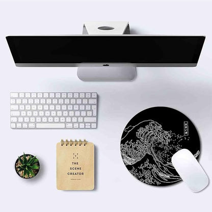 IMAYONDIA Japanese Great Wave Mouse Pad Small, Black Anime Mouse Pads, Kanagawa Round Mousepad, Aesthetic Desk Decor, Anti Slip Rubber Base Mice pad for Computer Office Travel, 7.9 x 7.9 Inch