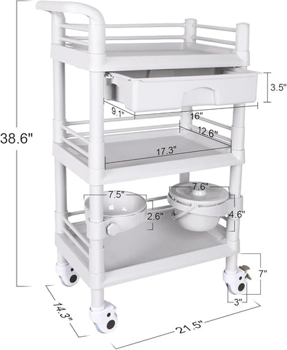 Mobile Medical Trolley Cart Portable 3-Tier Professional Cart 220 Lbs Load Utility Carts for Ultrasound Scanner Esthetician Carts with Drawer Lockable Rolling Wheels for Hospital Dental Clinic Home