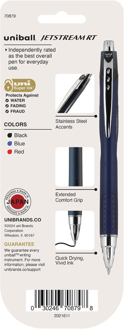 uniball™ Jetstream RT Ballpoint Pens, Black, Blue & Red Ink, 3 Count | 0.7mm Fine Point, Retractable, Smooth Writing, Quick-Drying, Smear-Resistant, uni Super Ink™
