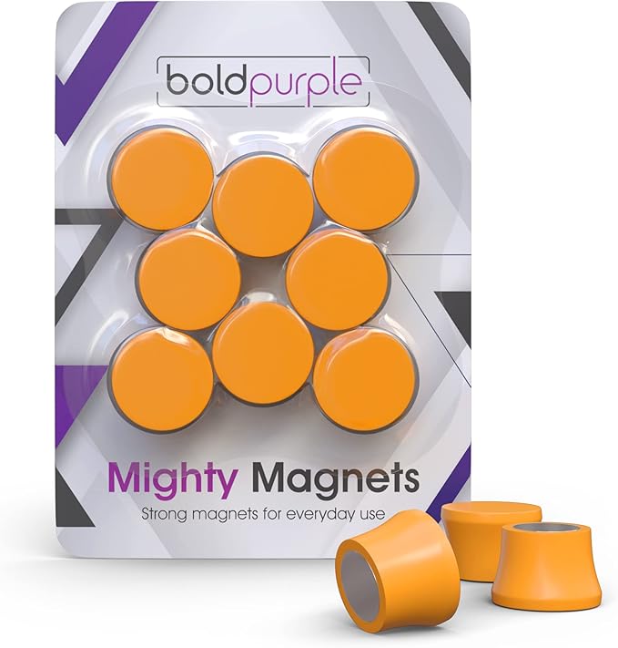 Strong Magnets for Whiteboard, Glassboard and Fridge (Orange, 8 Pack, Small). N54 Neodymium Rare Earth Heavy Duty Magnets for Home and Office Supplies.