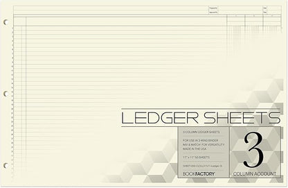 BookFactory Ledger Sheets/Large 3 Column Accounting Ledger Columnar (Three Columns) Loose Leaf Paper - 17'' x 11'', 50 Pages, Loose Leaf, 3 Hole Punched (Made in USA)