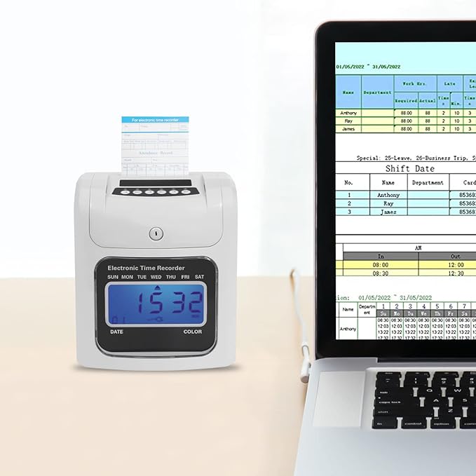 GXFCHYL Electronic Time Clock Calculating Time Clock Punch Machine Employee Attendance Punch Time Clock with 50-Piece time Cards and One Security Keys,Auto-Align Time Clocks for Small Business