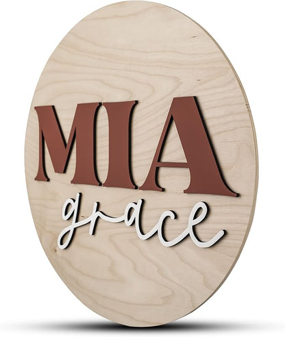 Custom Round Nursery Name Sign, Personalized Wooden Wall Plaque, 12" 18" 24", 30" 3D Wall Art for Children & Kids Rooms, Baby Shower, Hickory Hollow Designs (Mia Grace)